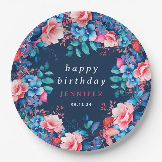 Chic Watercolor Floral jedes Alter glücklichen Geb Pappteller (Vorderseite)