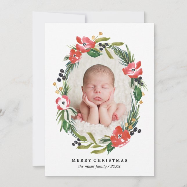 Chic Watercolor Floral Oval Foto| Weihnachten (Vorderseite)