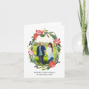 Chic Watercolor Floral Oval Photo Christmas Feiertagskarte