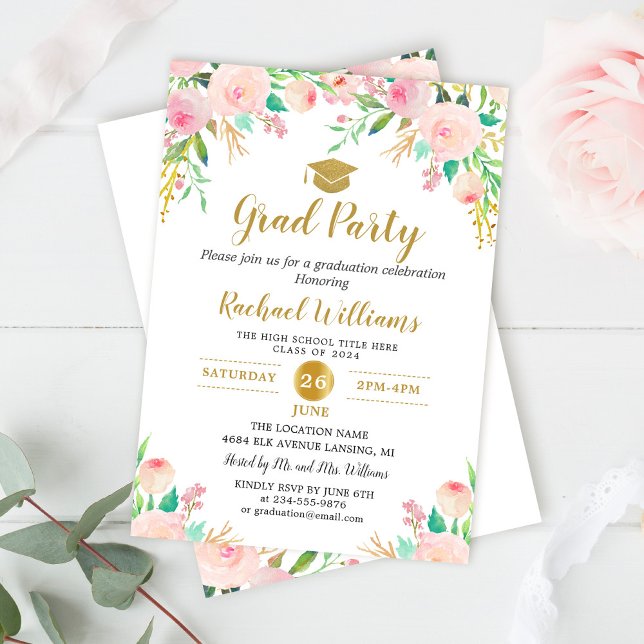 Chic Watercolor Floral Pink Gold Graduation Party Einladung (Von Creator hochgeladen)