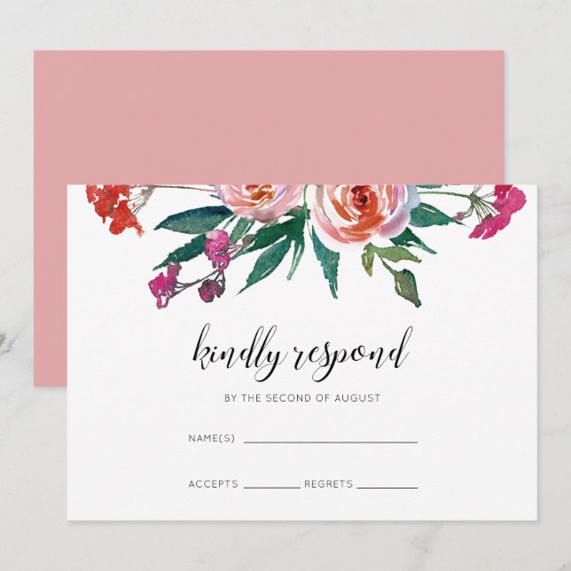 Chic Watercolor Floral Wedding RSVP Einladung (Vorne/Hinten)