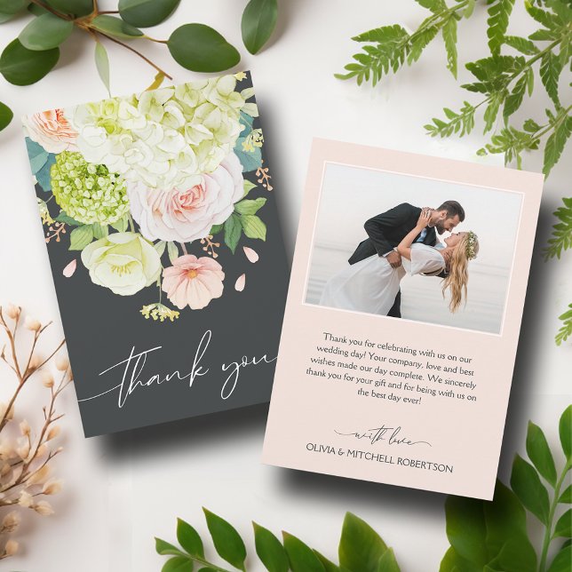 Chic Watercolor Florals Wedding Foto Dankeskarte (Chic Watercolor Florals Wedding Photo Thank You Cards)