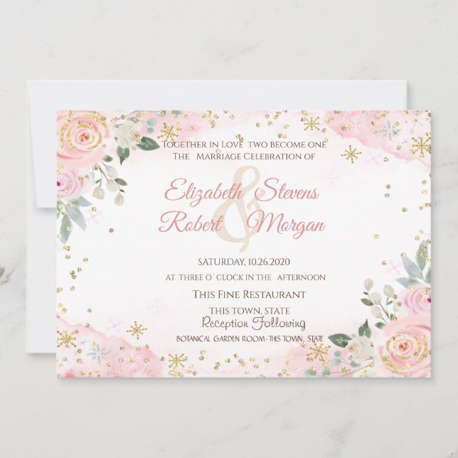 Chic Watercolor Flowers Snowflakes Wedding  Einladung (Vorderseite)