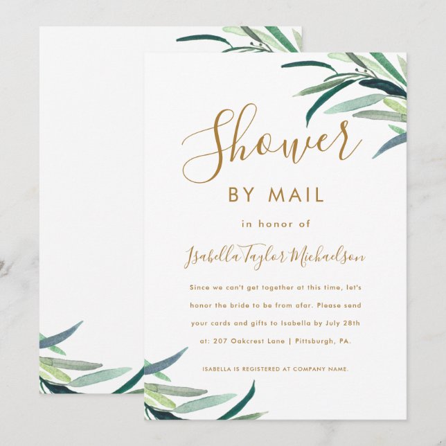 Chic Watercolor Greenerity Brautparty by Mail Einladung (Vorne/Hinten)