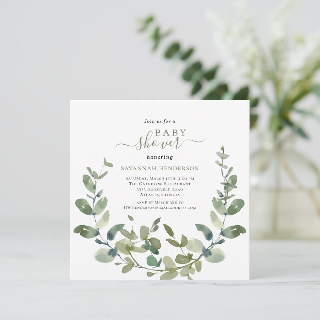 Chic Watercolor Greenerity Wreath Baby Shower Einladung (Stehend Vorderseite)