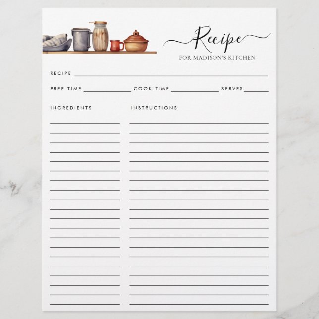 Chic Watercolor Kitchen Shelf Pots Utensils Rezept (Vorderseite)