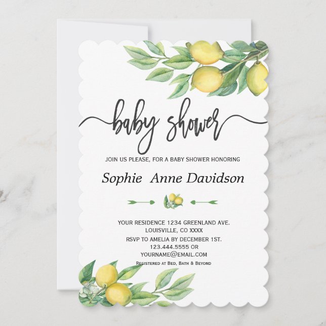 Chic Watercolor Lemon Tropical BABY SHOWER Einladung (Vorderseite)