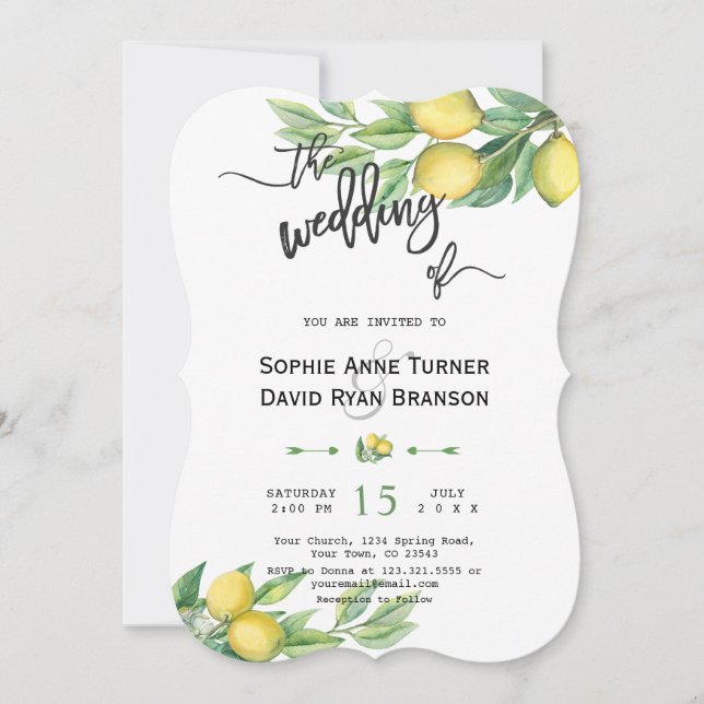 Chic Watercolor Lemon Tropical Handwriting Wedding Einladung (Vorderseite)