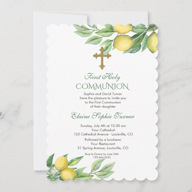 Chic Watercolor Lemon Tropical Holy Communion Einladung (Vorderseite)