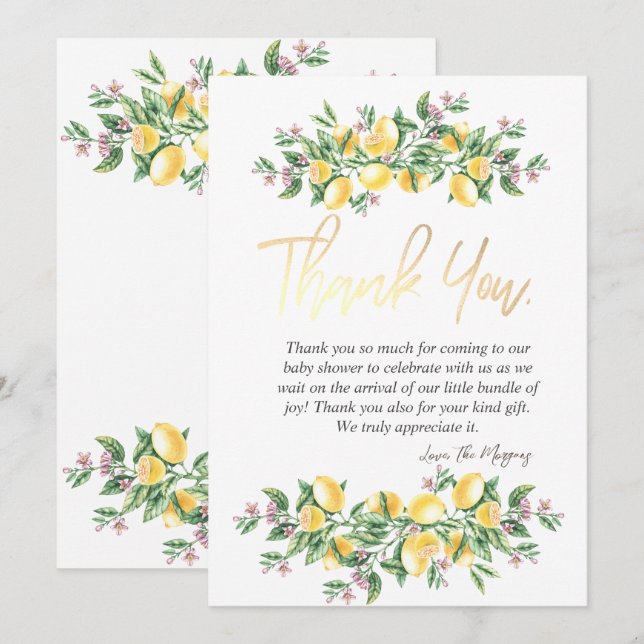 Chic Watercolor Lemons Botanische Blume Dankeskarte (Vorne/Hinten)