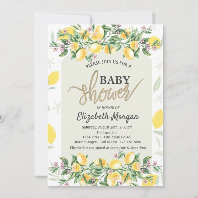 Chic Watercolor Lemons Frame Baby Dusche Einladung (Vorderseite)