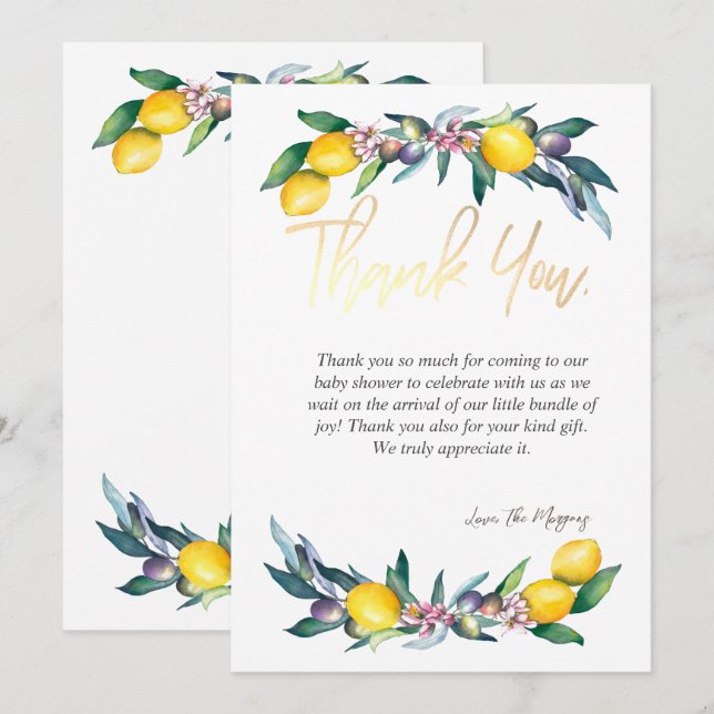 Chic Watercolor Lemons Olives Dankeskarte (Vorne/Hinten)