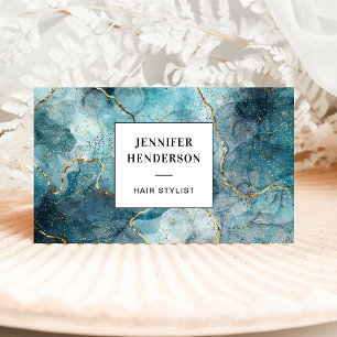 Chic Watercolor Marble Blue Gold Black Typografy Visitenkarte