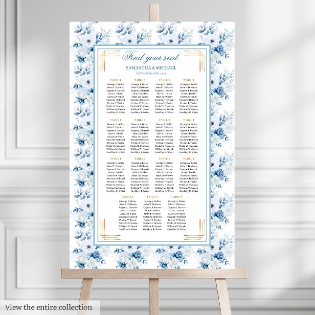 Chic Watercolor Pastel Blue Gold Seekarte Poster (Chic Watercolor Pastel Blue Gold Seating Chart)