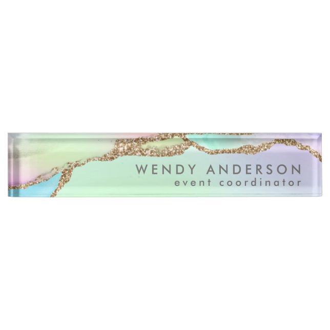 Chic Watercolor Pastel Rainbow Gold Glitzer Agate Namensplakette (Vorderseite)
