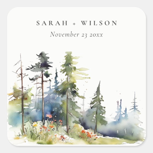 Chic Watercolor Pine Forest Landschaft Hochzeit Quadratischer Aufkleber (Vorderseite)