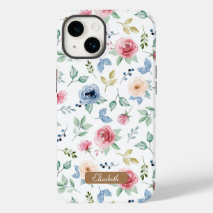 Chic Watercolor Pink Blush Blue Blumenmuster Muste Case-Mate iPhone 14 Hülle