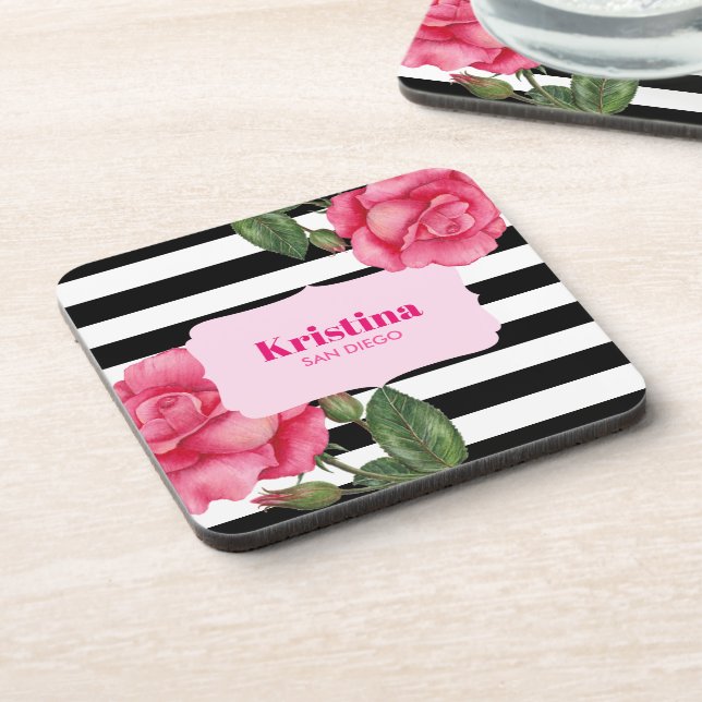 Chic Watercolor Pink Roses Schwarz-weiße Streifen Getränkeuntersetzer (Linke Seite)