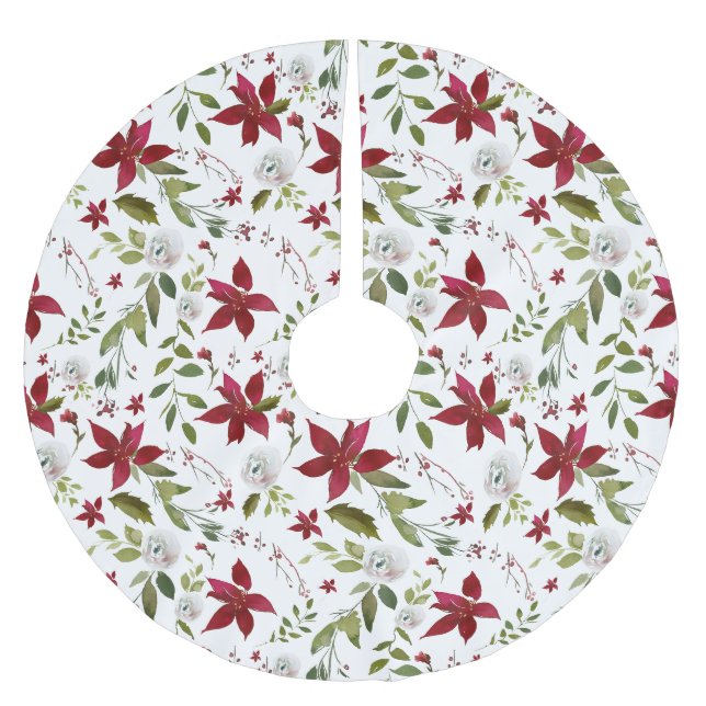 Chic Watercolor Poinsettia Blumenmuster Polyester Weihnachtsbaumdecke (Vorderseite)