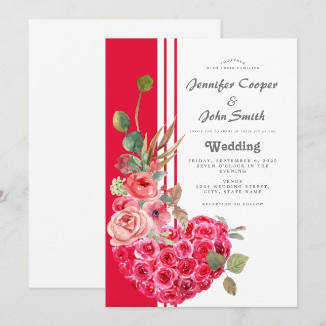 Chic Watercolor Rose Heart Modern Floral Wedding Einladung (Vorne/Hinten)