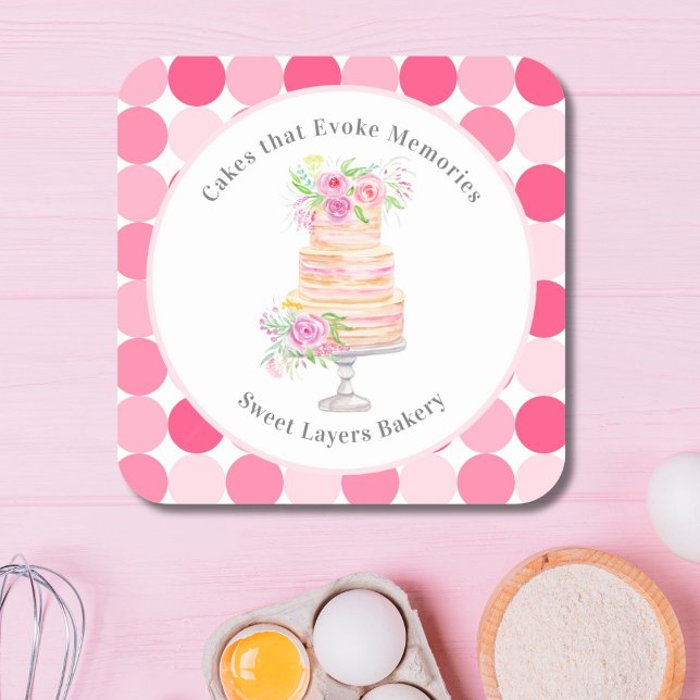 Chic Watercolor Schichtter Kuchen mit Rose Bäckere Quadratischer Aufkleber (Von Creator hochgeladen)
