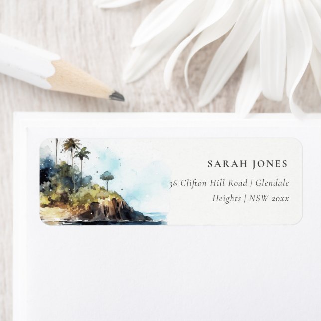 Chic Watercolor Seascape Palm Tree Island Adresse (Insitu)
