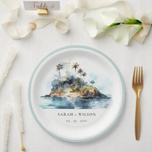 Chic Watercolor Seascape Palm Tree Island Hochzeit Pappteller