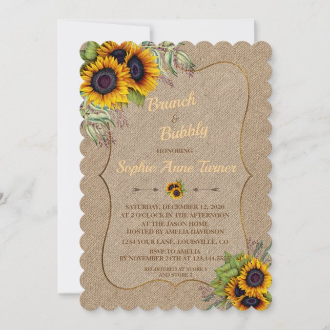 Chic Watercolor Sonnenblumen Burlap Brunch & Bubbl Einladung (Vorderseite)