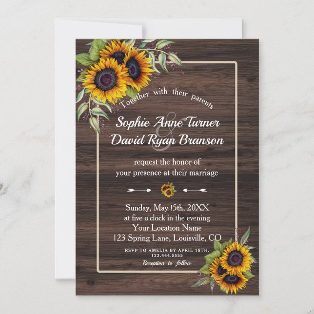 Chic Watercolor Sonnenblumen Holzrahmen Hochzeit Einladung (Vorderseite)