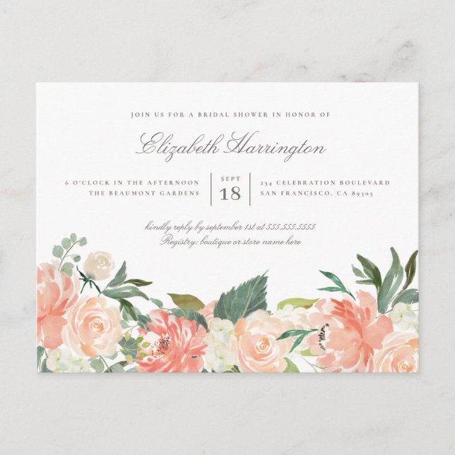 Chic Watercolor Spring Floral Brautparty Einladungspostkarte (Vorderseite)