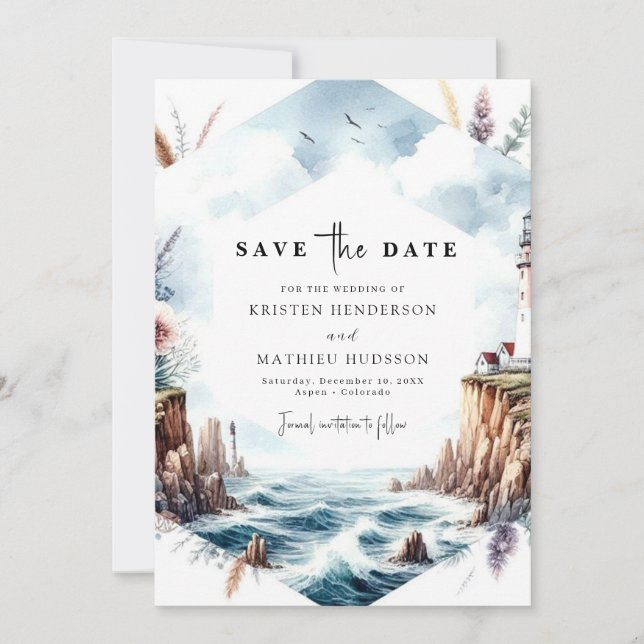 Chic Watercolor Waves Lighthouse Wedding Save The Date (Vorderseite)