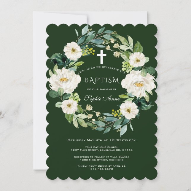 Chic Watercolor Weißer Blumenkreuz Taufe Einladung (Vorderseite)