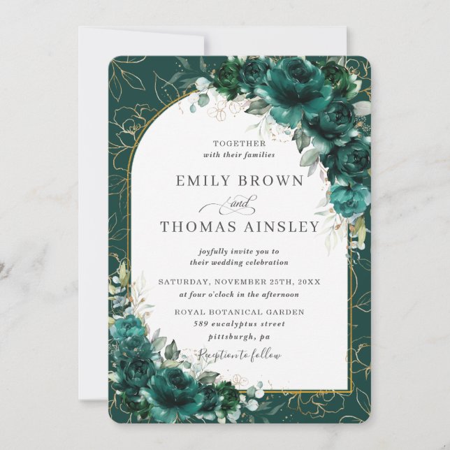 Chic Wedding Emerald Green Rose Floral Gold Arch Einladung (Vorderseite)