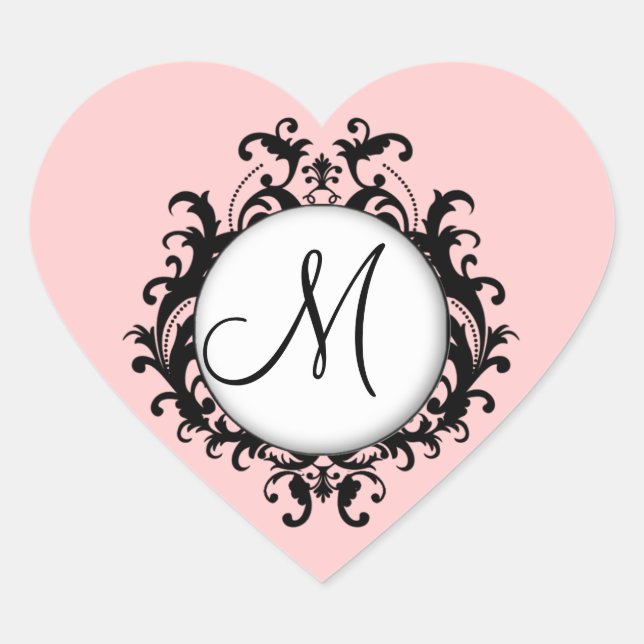 Chic Wedding Initial Damask Label Rosa Herz Herz-Aufkleber (Vorderseite)