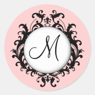 Chic Wedding Monogram Damask Label Rosa Runder Aufkleber