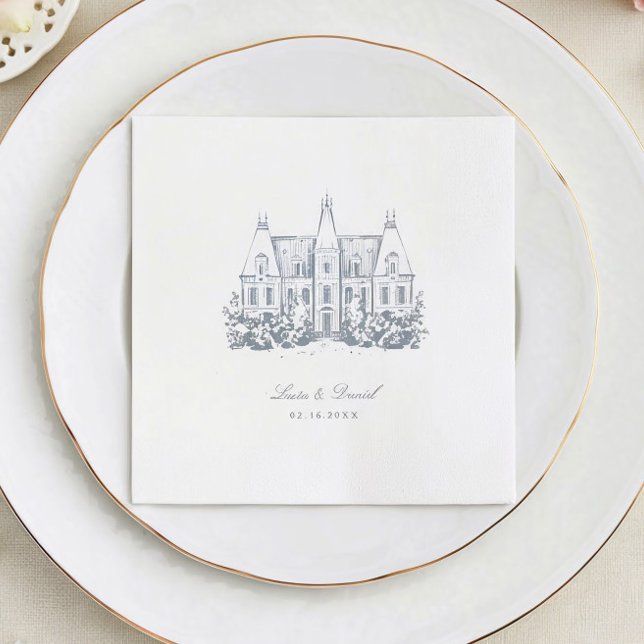 Chic Wedding Napkins | Chateau Venue Sketch Serviette (Von Creator hochgeladen)