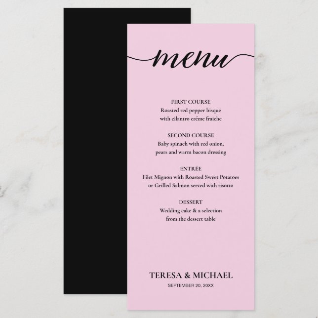 Chic Wedding Pink Schwarz-Weiß einfach bestellbar Menükarte (Vorne/Hinten)