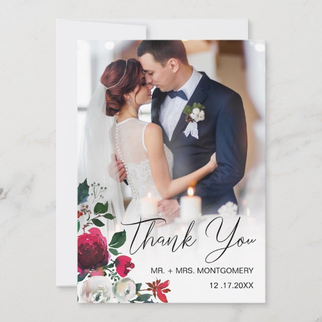 Chic Wedding Red Floral Rose Black Script Foto Dankeskarte (Vorderseite)