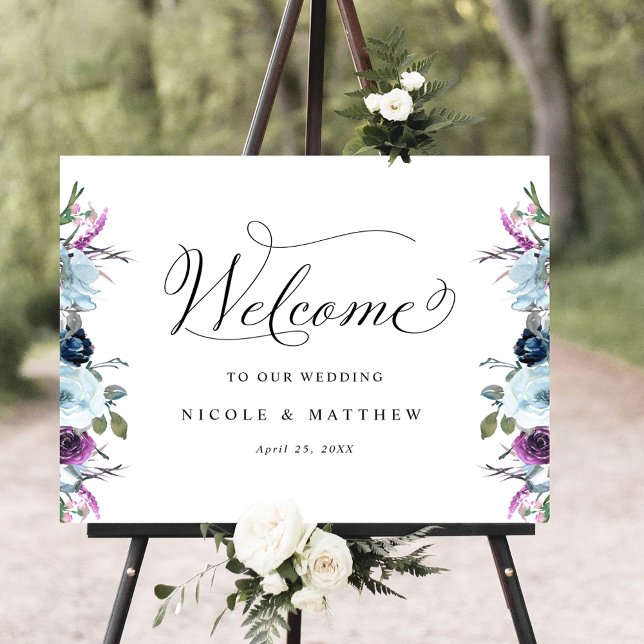 Chic Wedding Welcome Sign Lila und blau floral Poster (Von Creator hochgeladen)