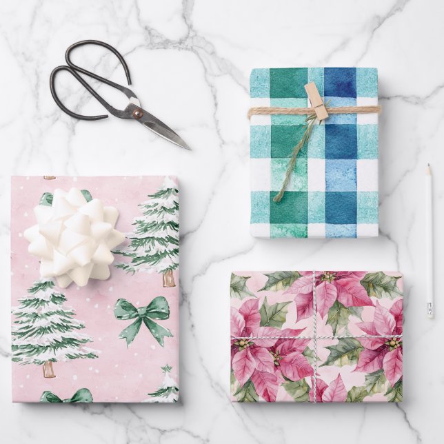 Chic Weihnachtsbäume Kariert Pink Floral Geschenkpapier Set (Vorderseite)