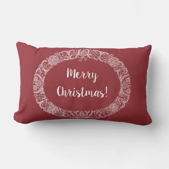 Chic Weihnachtskreath Design White on Deep Red Lendenkissen (Vorderseite)