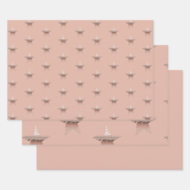 Chic Weihnachtsmetall Rose Goldstar Kastanie Geschenkpapier Set (Set)
