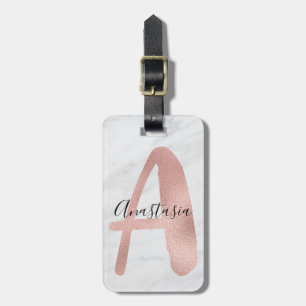 Chic Weiß & Grau Marmor Roségold A Monogramm Name Gepäckanhänger
