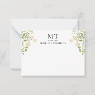 Chic weißes florales Wildblumen-Klassik-Monogramm Mitteilungskarte