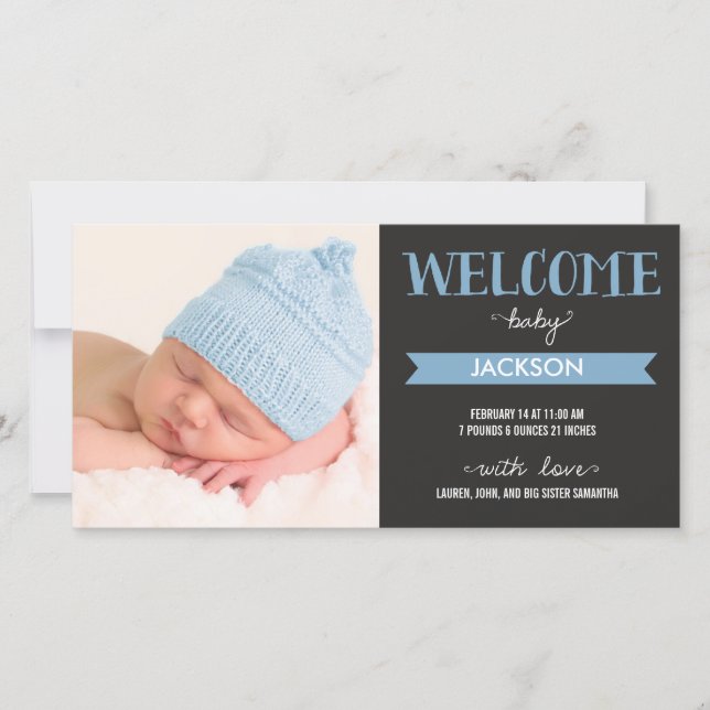 Chic Welcome Baby Boy Geburtserklärung Ankündigung (Vorderseite)