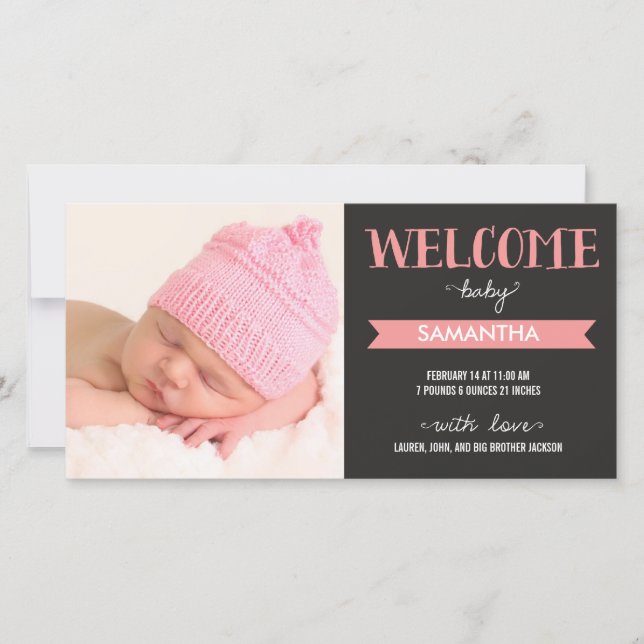 Chic Welcome Baby Girl Geburtserklärung Ankündigung (Vorderseite)