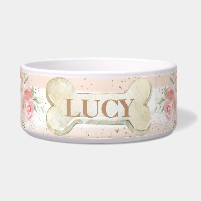 Chic Whimsical Blush Pink Floral Rose Hund Haustie Napf (Vorderseite)
