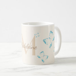 Chic Whimsical Elegant Blue Butterfells Monogramm Kaffeetasse