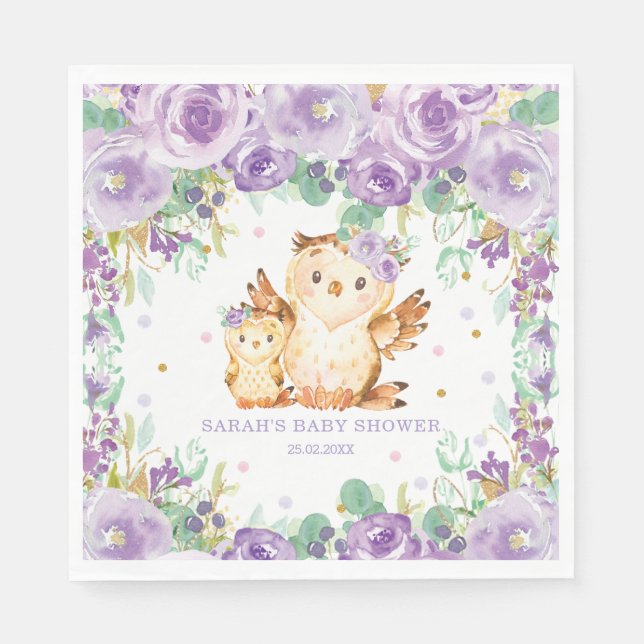 Chic Whimsical Lila Floral Owl Baby Dusche Serviette (Vorderseite)