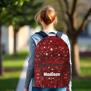 Chic whimsical red black Glitzer monogram Bedruckter Rucksack